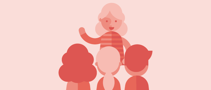 pink illustration of 3 people in front of 1