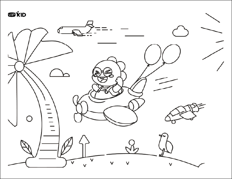Dino flying an airplane in the sky with balloons attached to the plane.