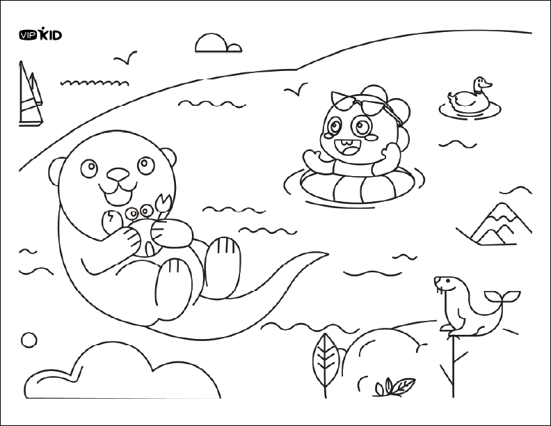 Dino wearing an inner tube floating near a sea otter holding a crab