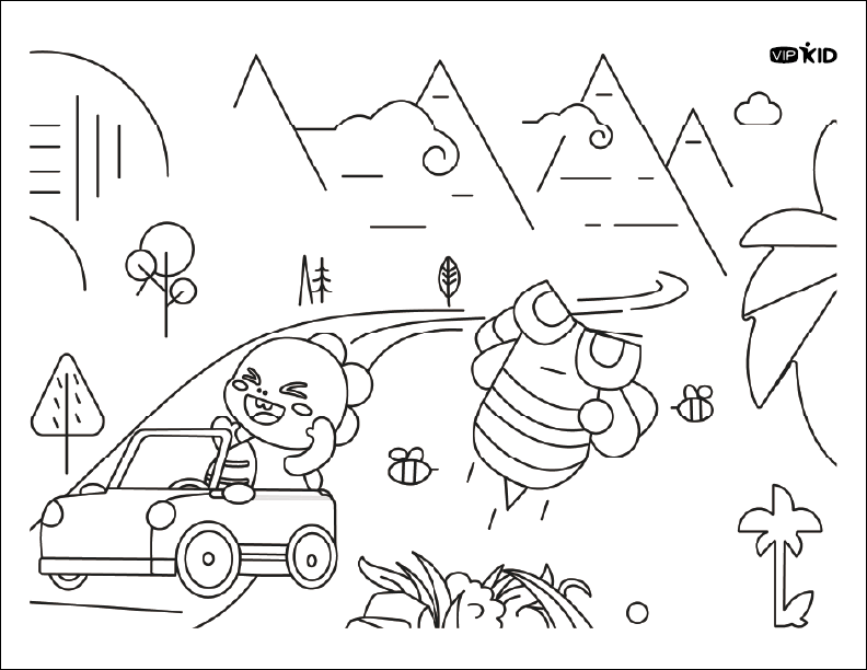 Dino driving a jeep passing a mountain range