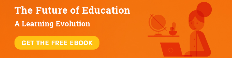 Orange cartoon teacher with bun teaching online with text "The Future of Education: A Learning Evolution. Get The Free Ebook."