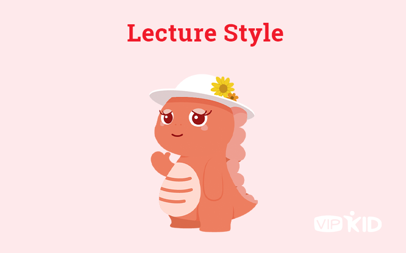 Dino's mom waving in front of a pink background with text shown above "Lecture style."