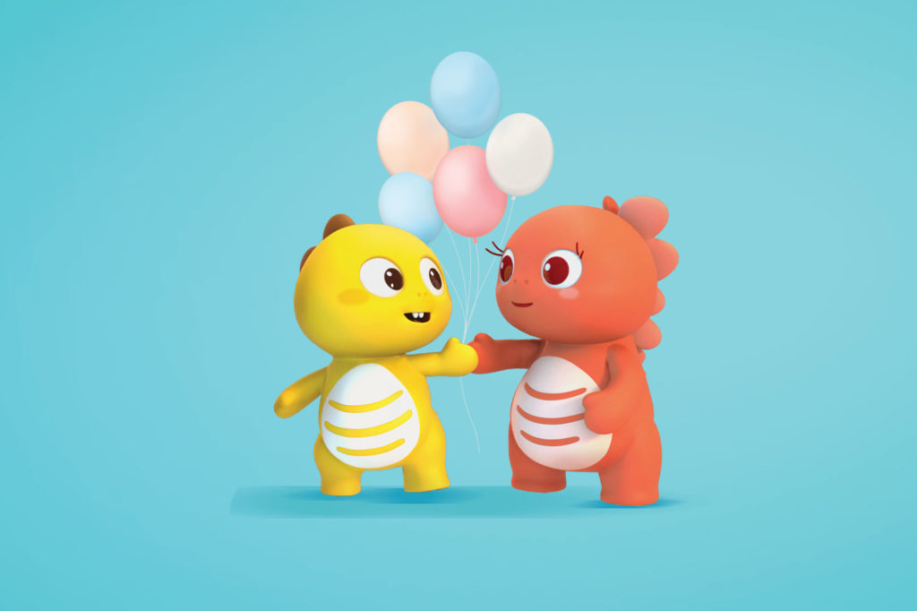 Dino on the left is holding hands with Momo on the right with a bundle of balloons in the background in sign of celebration of a new partnership.