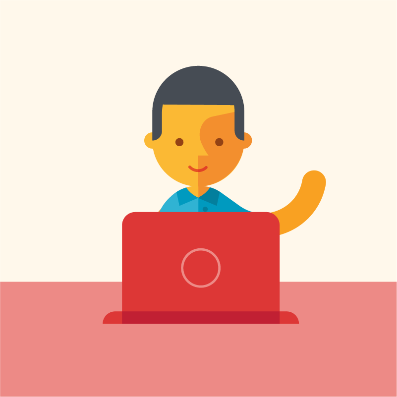 illustration of a boy in front of a laptop waving